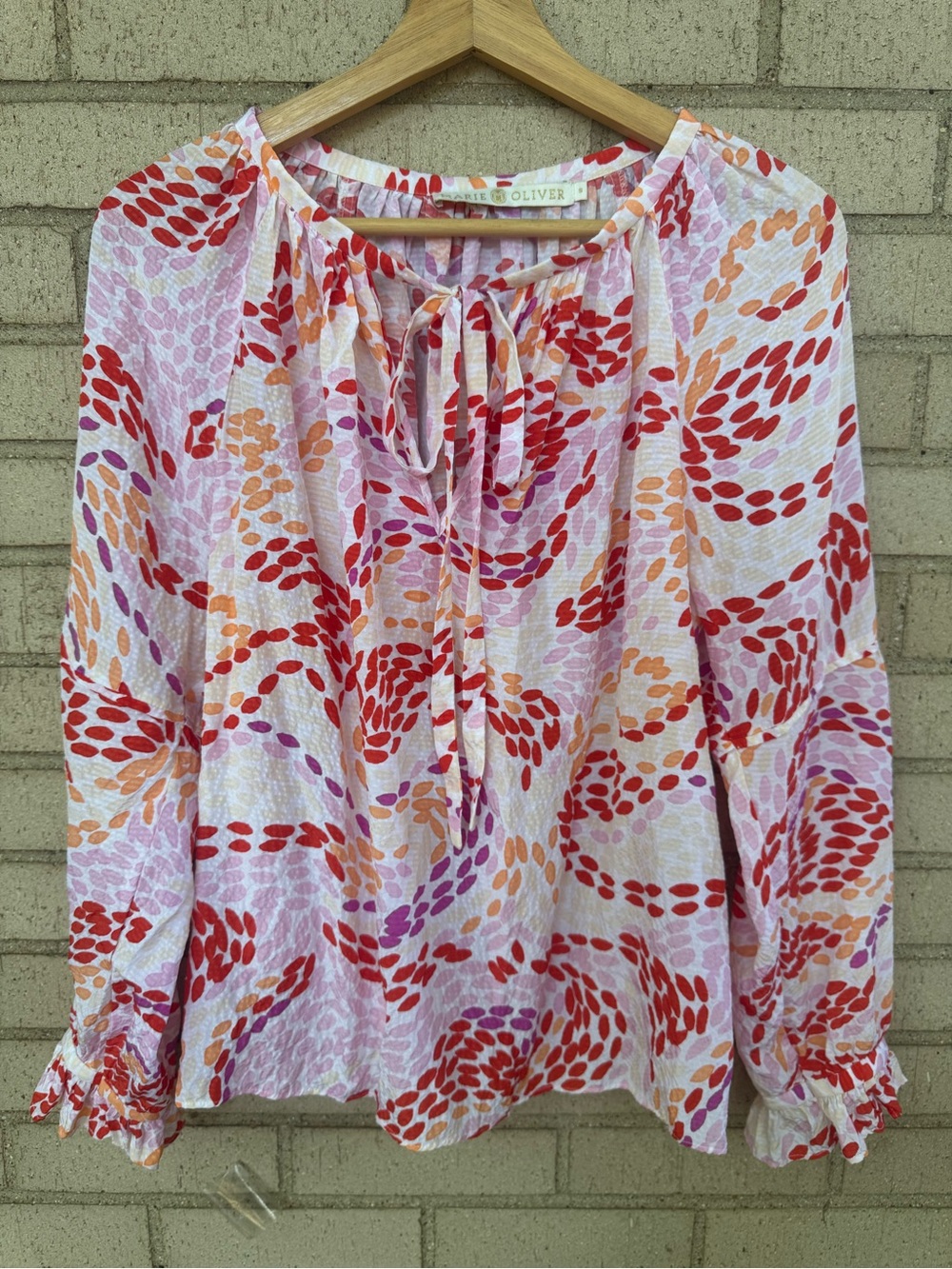 Marie Oliver Abstract Print Tie Neck Blouse Ruffle Cuffs Long Sleeve Small